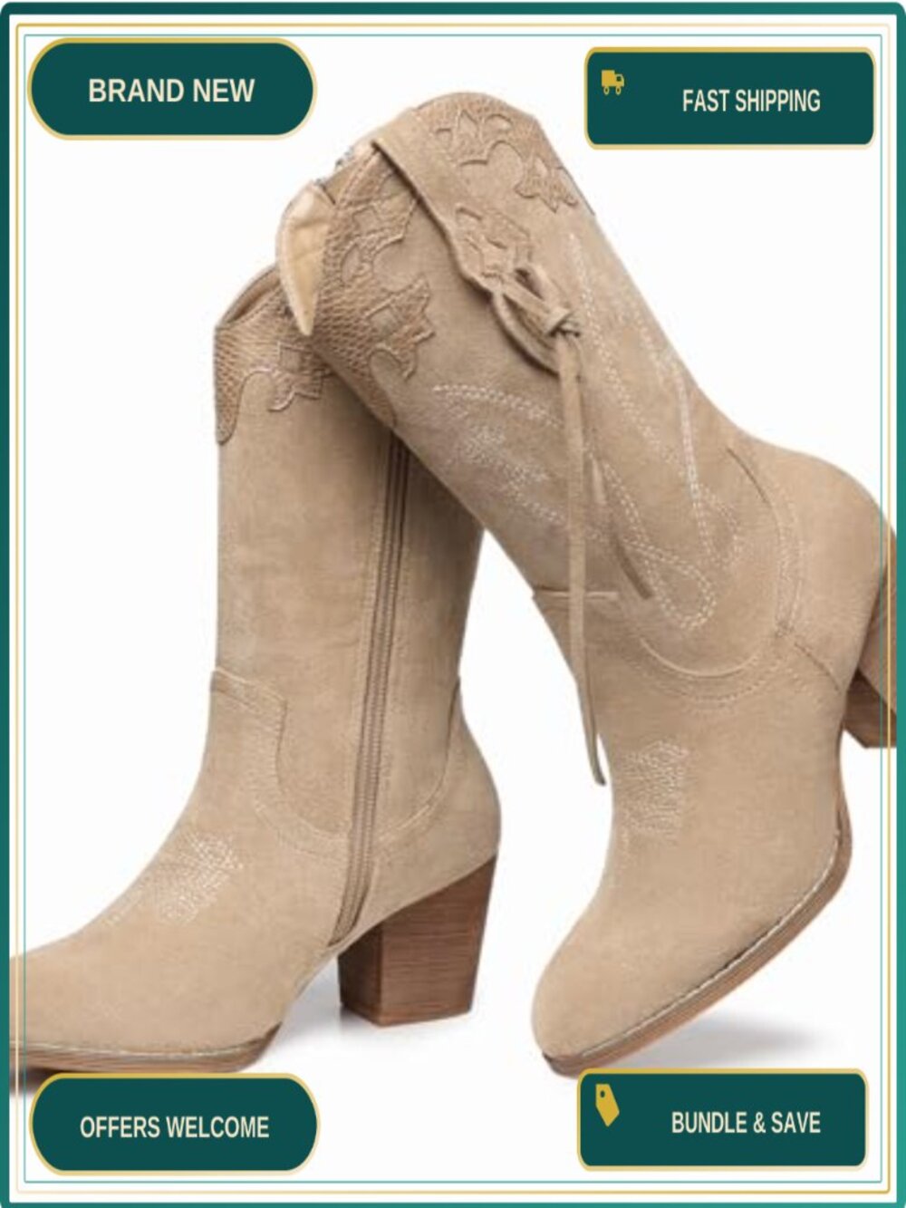 Women's Western Cowgirl Boots Mid Calf Suede Chunky Heel Square Toe